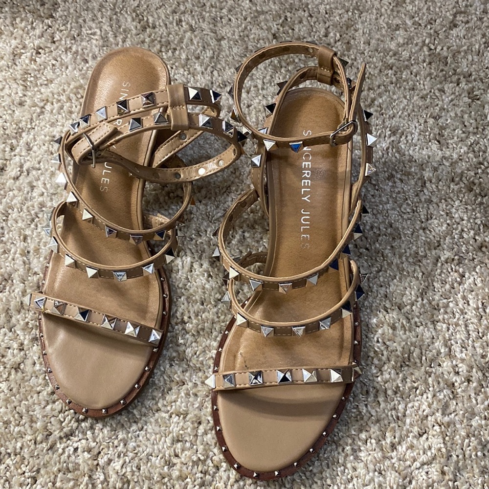 Nude studded chunky heels